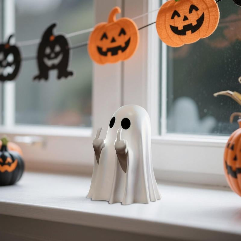 Halloween Ghost Figurine – Spooky Resin Middle Finger Ghost Decor | Cute & Edgy Indoor/Outdoor Halloween Decor for Porch & Home (1 Pc)