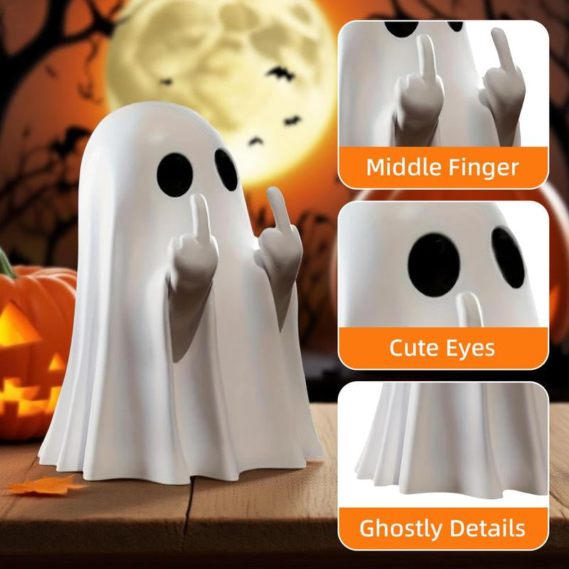 Halloween Ghost Figurine – Spooky Resin Middle Finger Ghost Decor | Cute & Edgy Indoor/Outdoor Halloween Decor for Porch & Home (1 Pc)