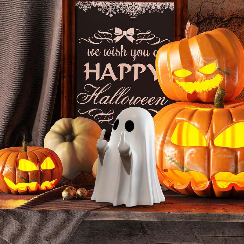 Halloween Ghost Figurine – Spooky Resin Middle Finger Ghost Decor | Cute & Edgy Indoor/Outdoor Halloween Decor for Porch & Home (1 Pc)