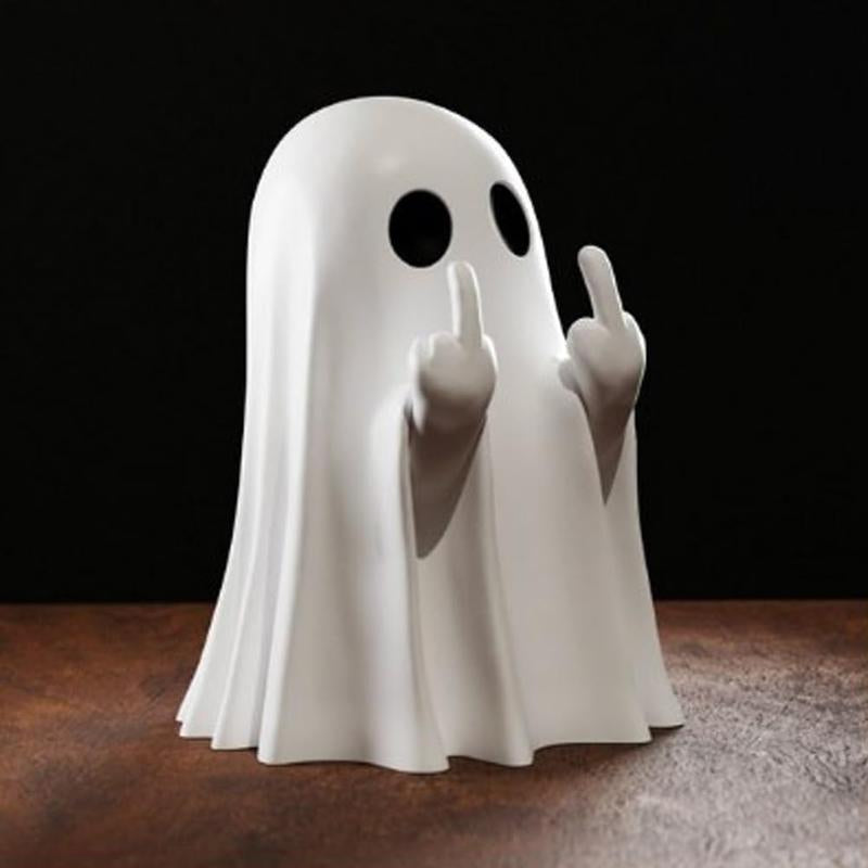 Halloween Ghost Figurine – Spooky Resin Middle Finger Ghost Decor | Cute & Edgy Indoor/Outdoor Halloween Decor for Porch & Home (1 Pc)